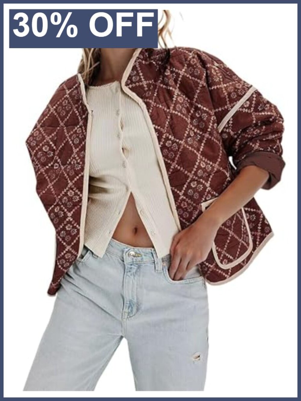 Women Cropped Quilted Floral Puffer Jacket Lightweight Coat